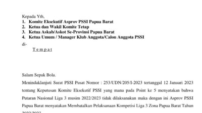 Asprov PSSI Papua Barat Batalkan Kompetisi Liga 3